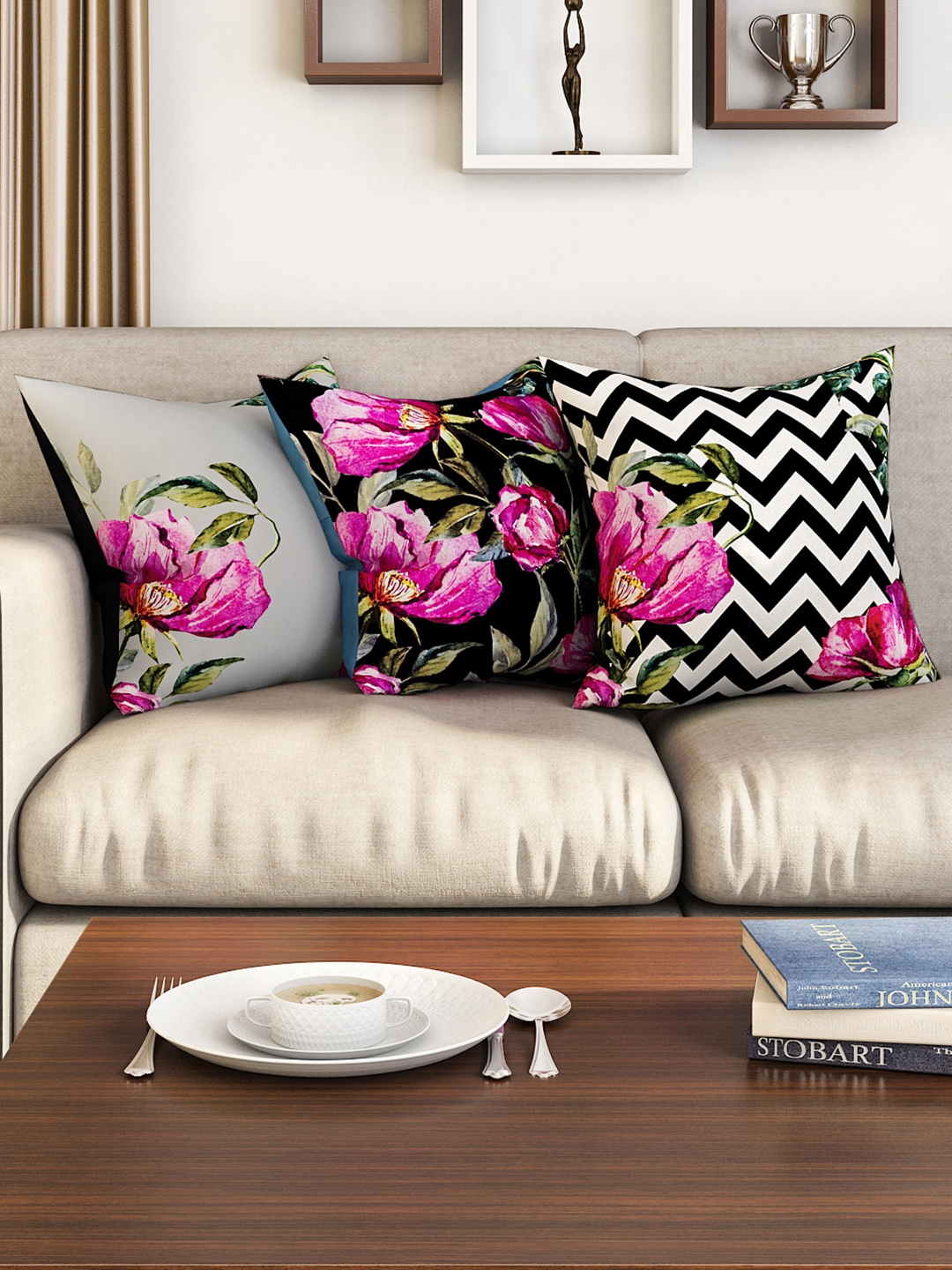 Buy SEJ By Nisha Gupta Grey Set Of 3 Floral Square Cushion Covers ...