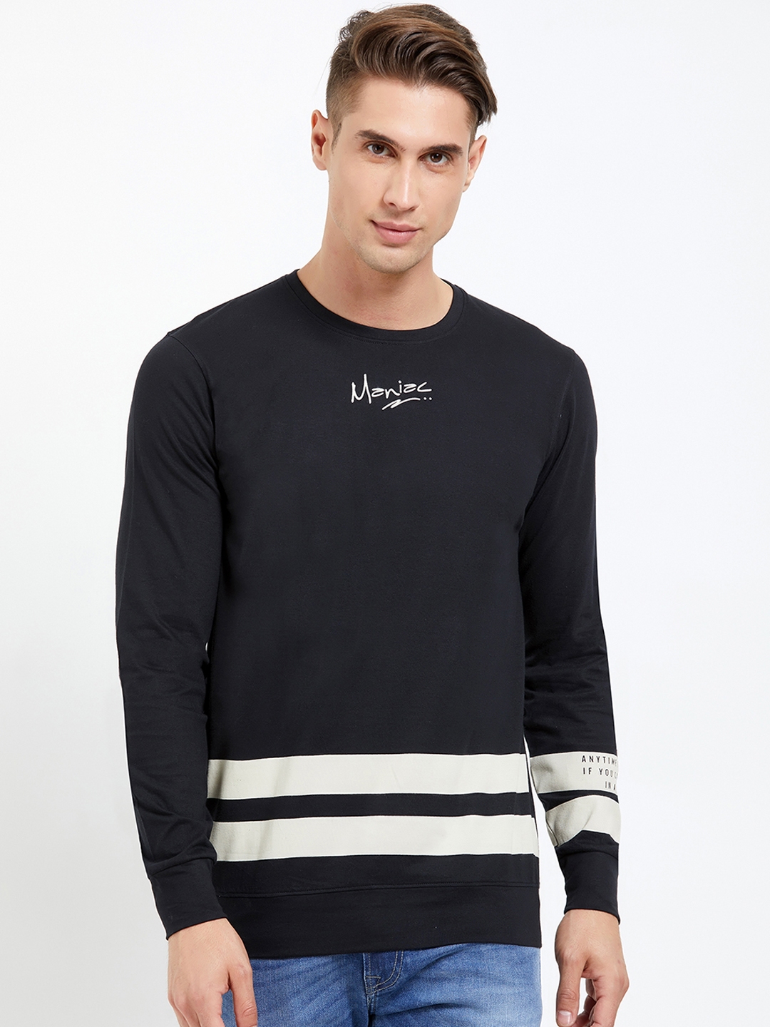 Buy Maniac Men Black Striped Round Neck Pure Cotton T Shirt - Tshirts ...