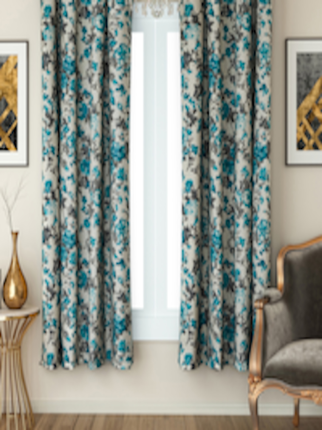 Buy SWAYAM Turquoise Blue & Off White Set Of 2 Window Curtains
