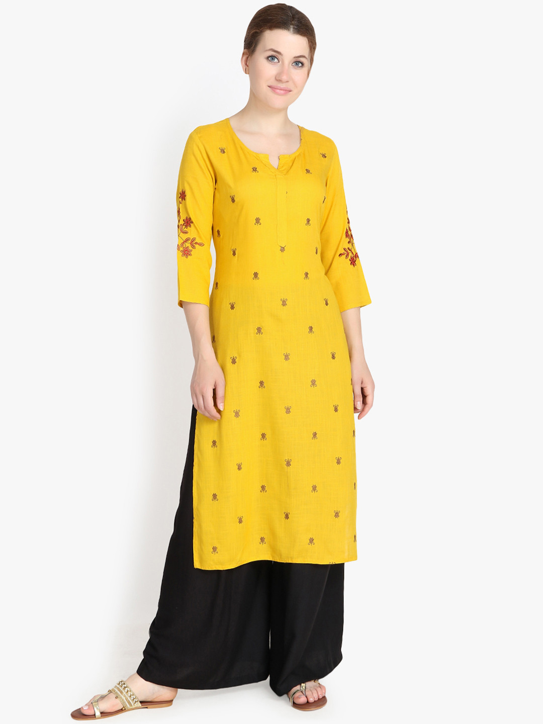 Buy Prakhya Women Yellow Embroidered Straight Kurta  - Kurtas for Women 9970237 | Myntra