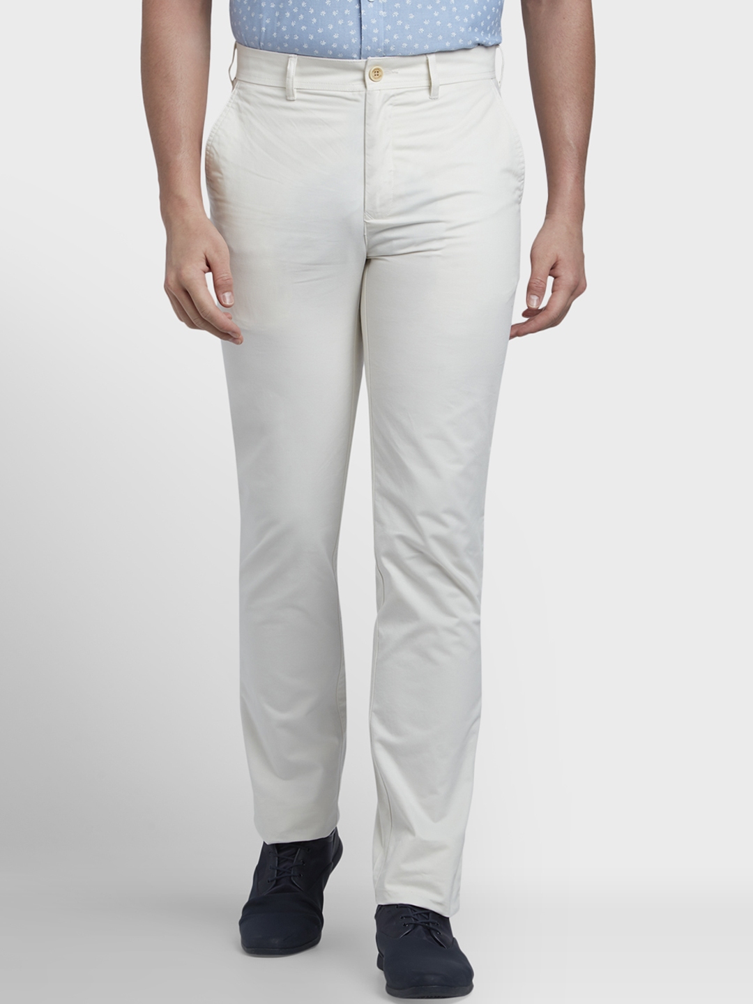 Buy ColorPlus Men Off White Regular Fit Solid Regular Trousers ...