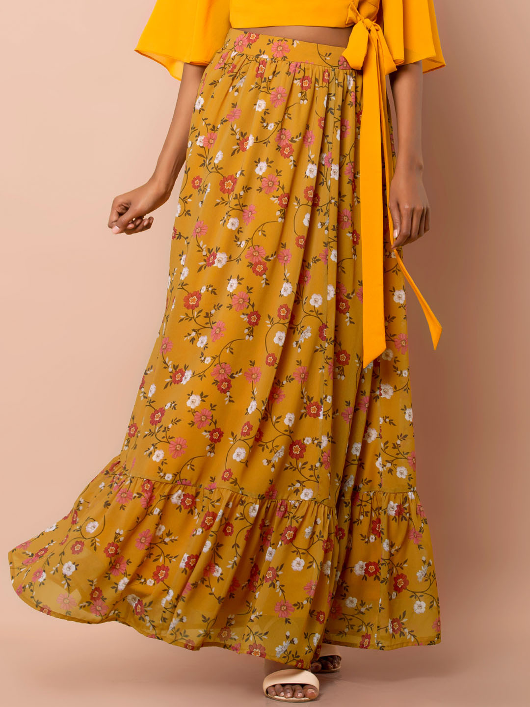 Buy INDYA Women Mustard Yellow Printed Flared Maxi Skirt Skirts for