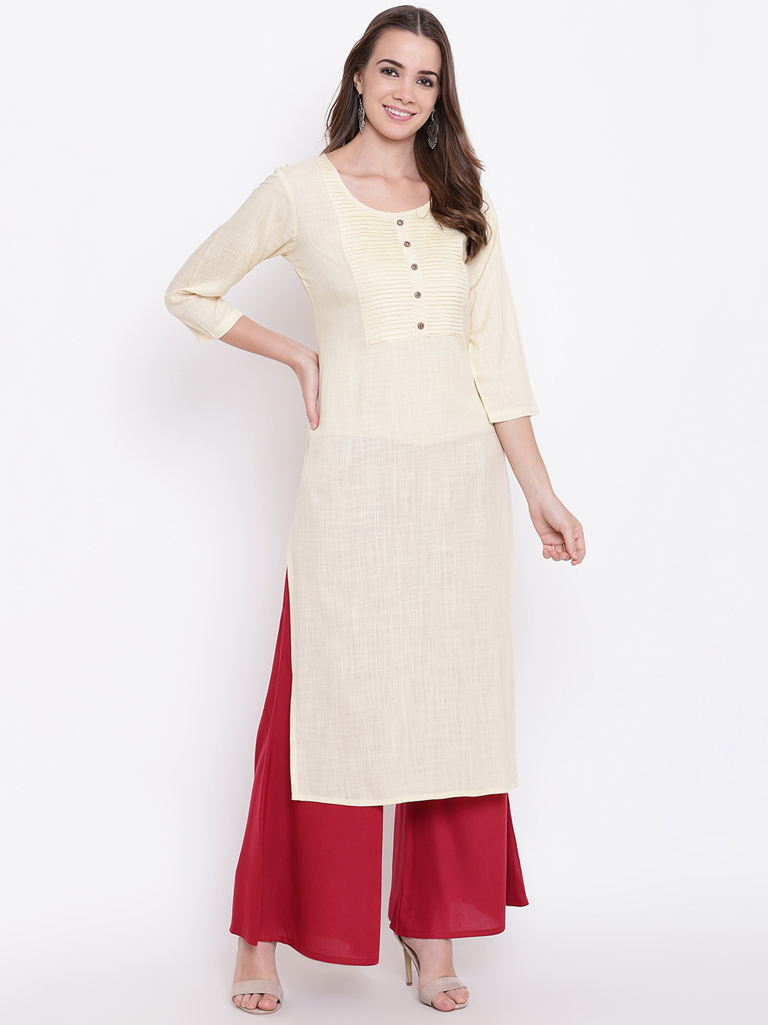 Buy Sheryl Women Cream Coloured Solid Straight Kurta Kurtas for Women