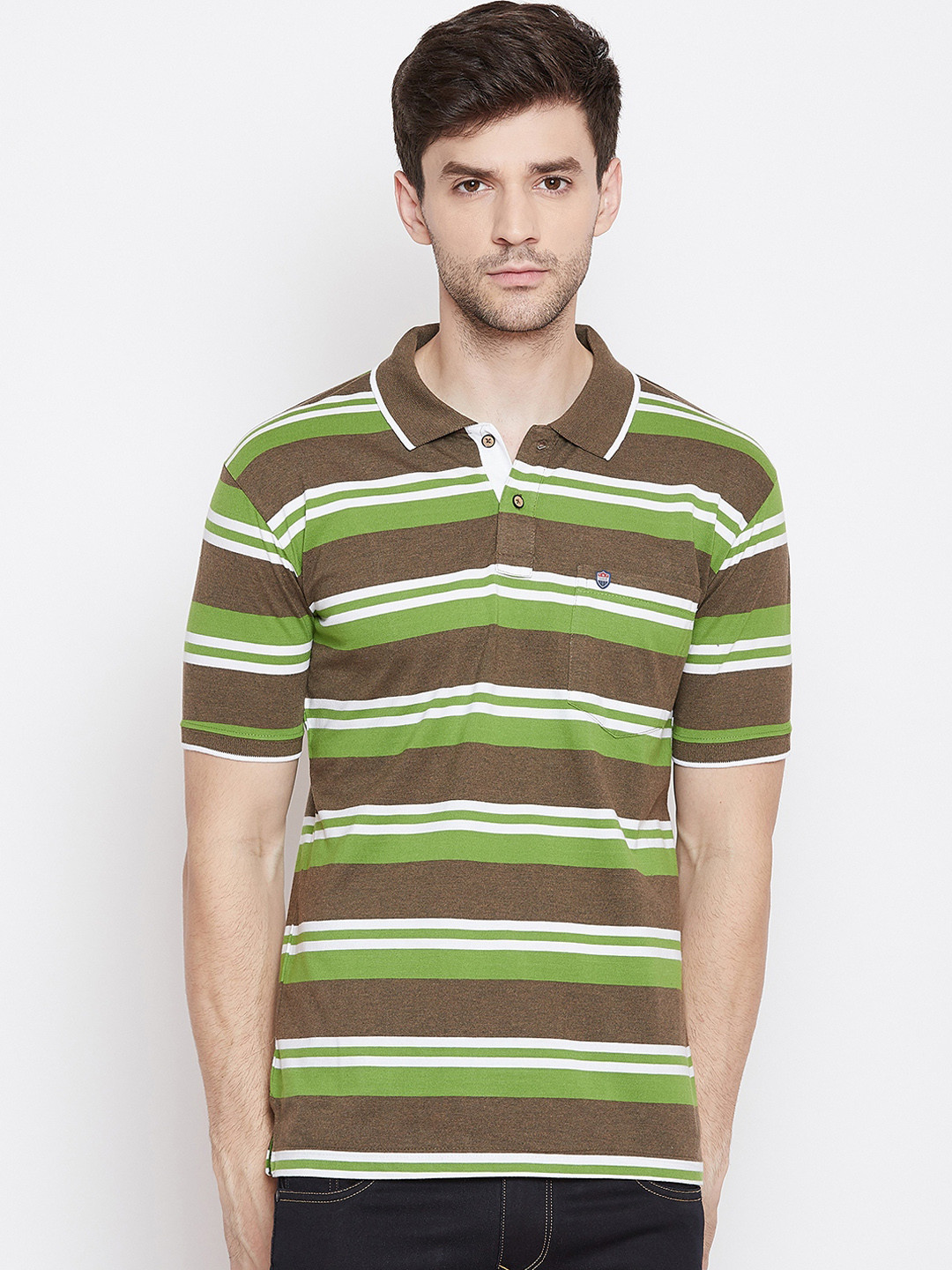 Men's Brown Striped Polo Collar T-Shirt