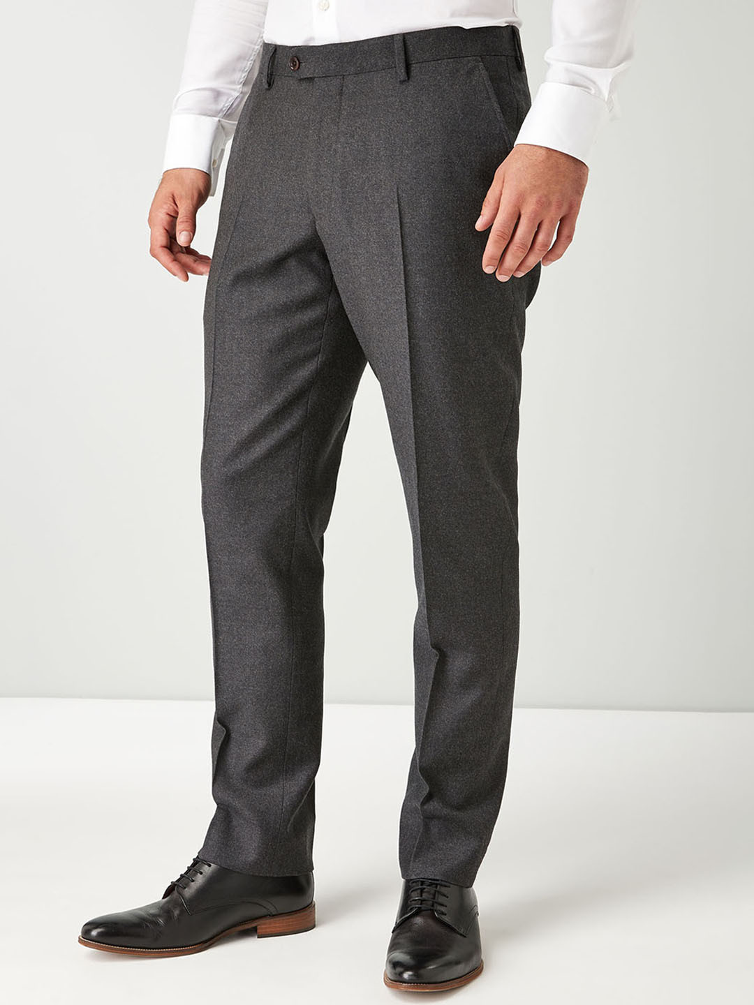 Buy Next Men Charcoal Tapered Fit Solid Woolen Formal Trousers