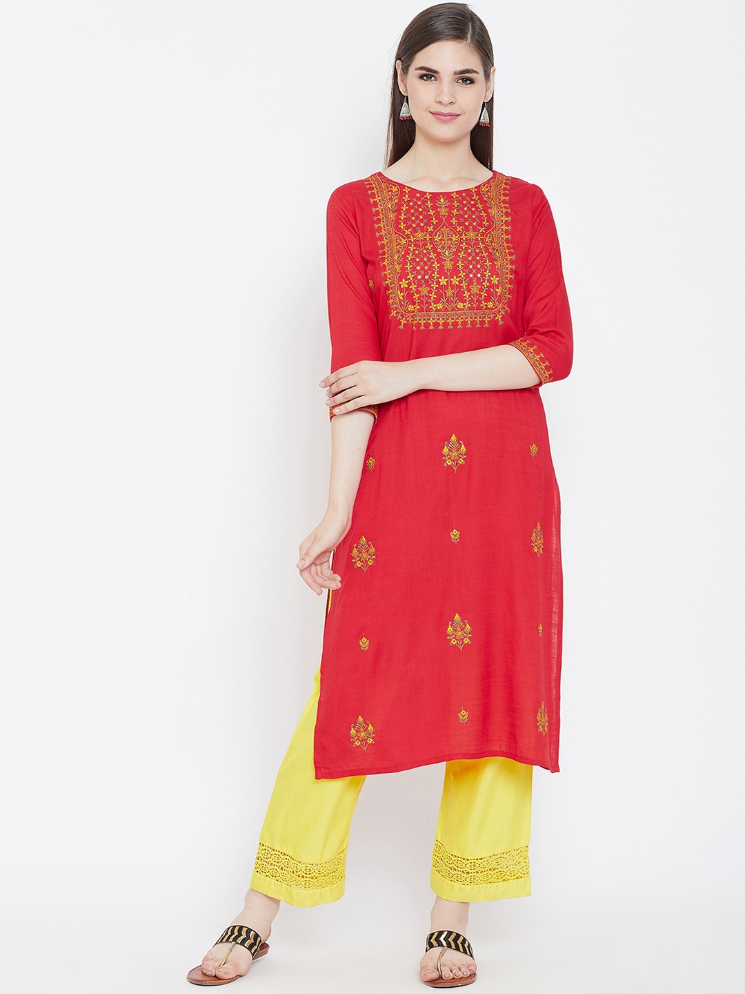 Buy Prakhya Women Red Embroidered Straight Kurta - Kurtas for Women ...