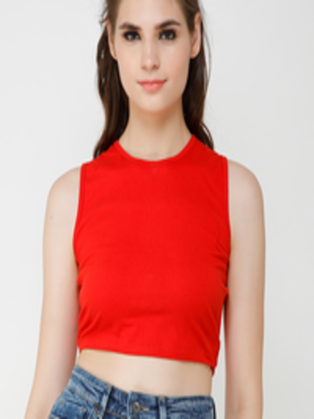 Buy Cation Women Red Solid Styled Back Crop Pure Cotton Top - Tops for ...
