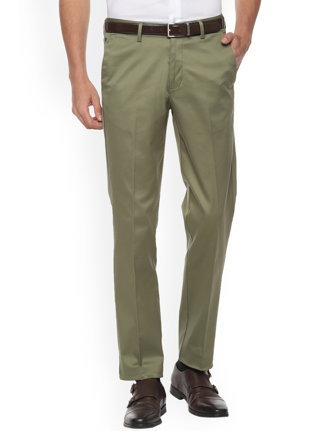 Buy Louis Philippe Men Olive Green Slim Fit Solid Formal Trousers ...