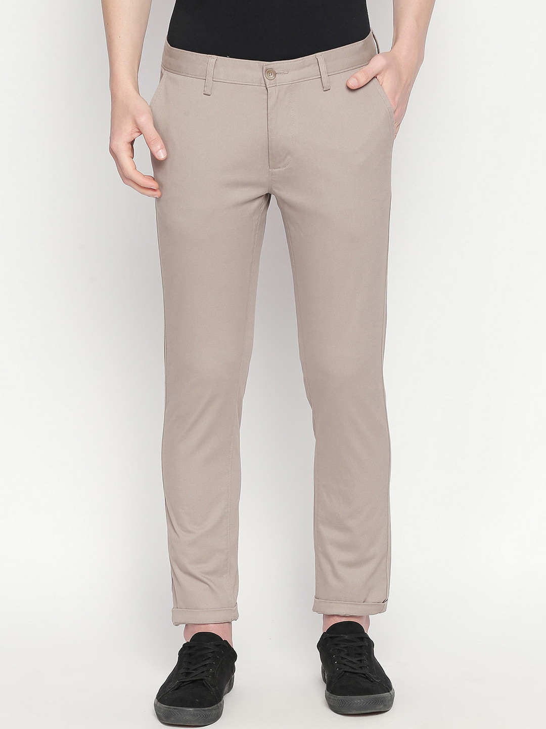 Buy Basics Men Beige Tapered Fit Solid Regular Trousers - Trousers for 