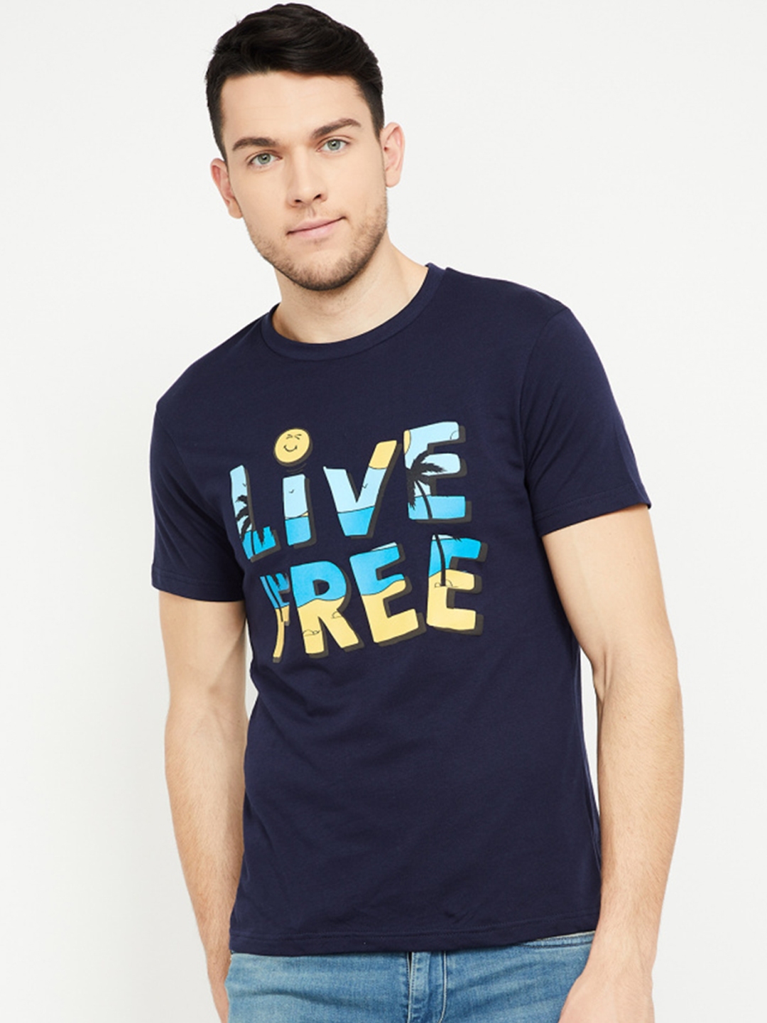 Buy SmileyWorld Men Navy Blue Printed Round Neck T Shirt - Tshirts for ...