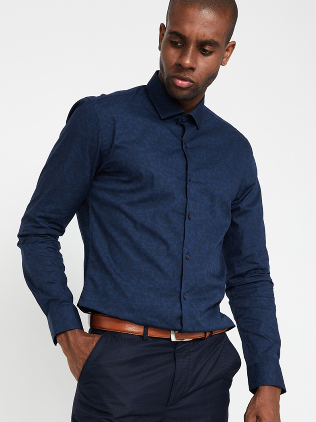 Men's Navy Blue Comfort Slim Fit Printed Casual Shirt