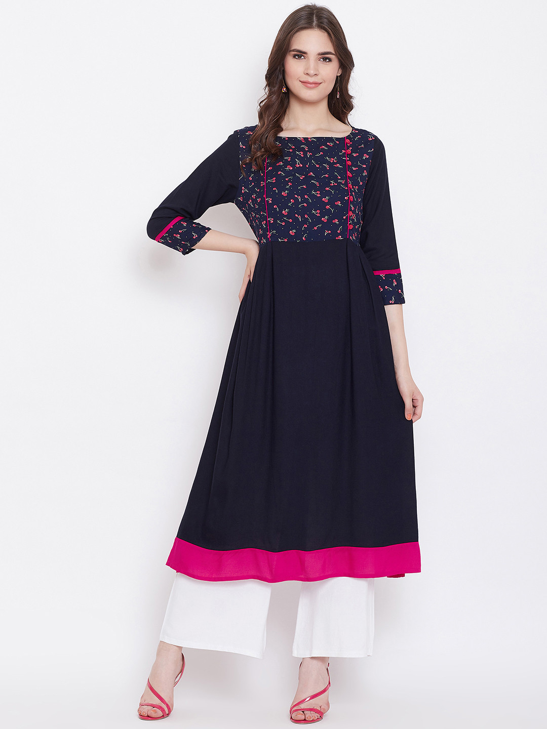 Buy Rangeelo Rajasthan Women Blue Cherry Print Yoke Design A Line Kurta Kurtas for Women