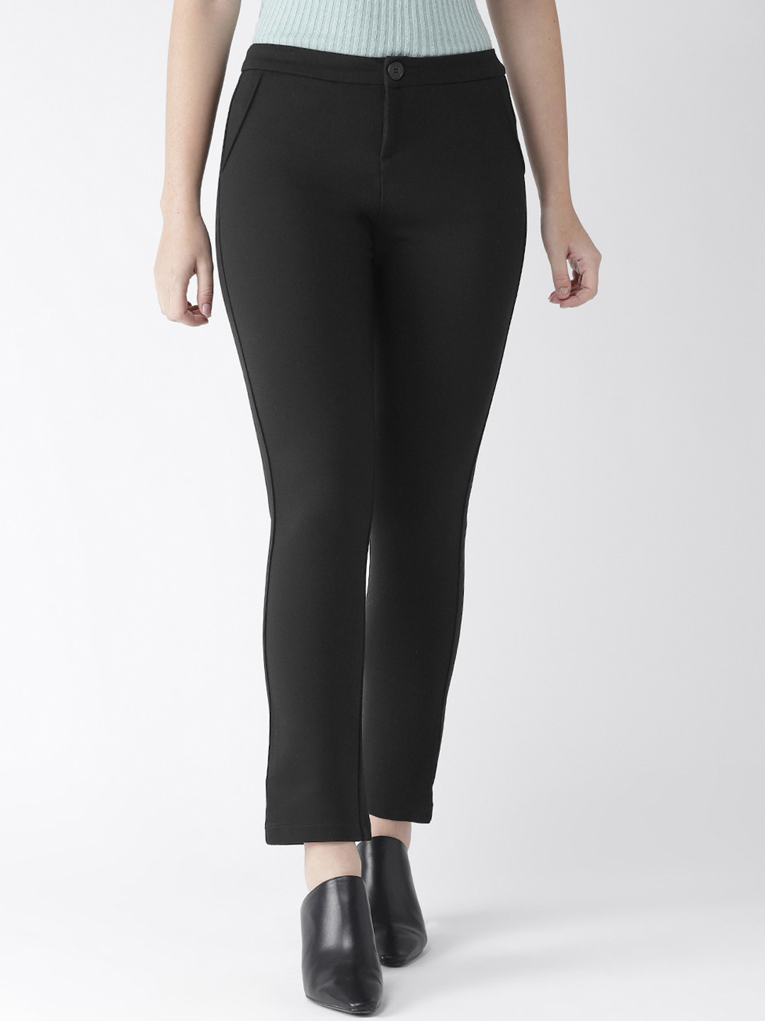 Buy Xpose Women Black Smart Straight Fit Solid Formal Trousers
