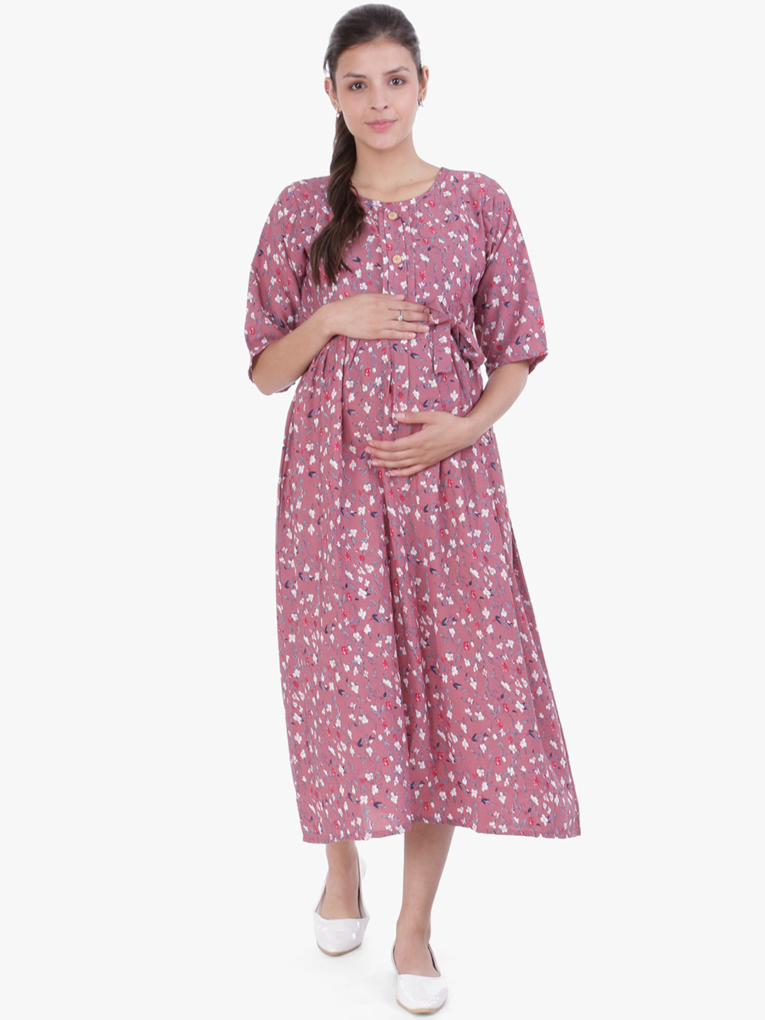 Buy MomToBe Women Pink Printed A Line Maternity Sustainable Dress