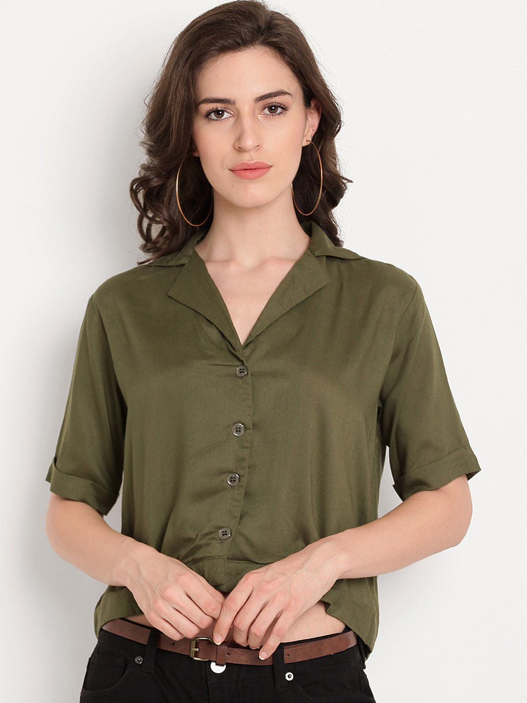Olive Green Solid Cotton Flax Women Top-10391