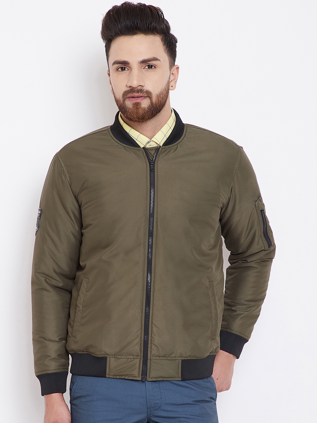 Buy Canary London Men Olive Green Solid Lightweight Bomber Jacket ...