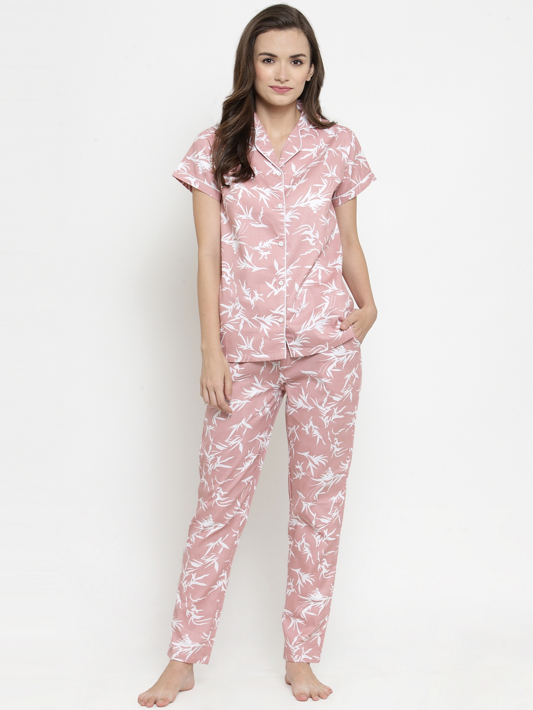 Buy Claura Women Pink & White Feather Print Pyjamas Set - Night Suits ...