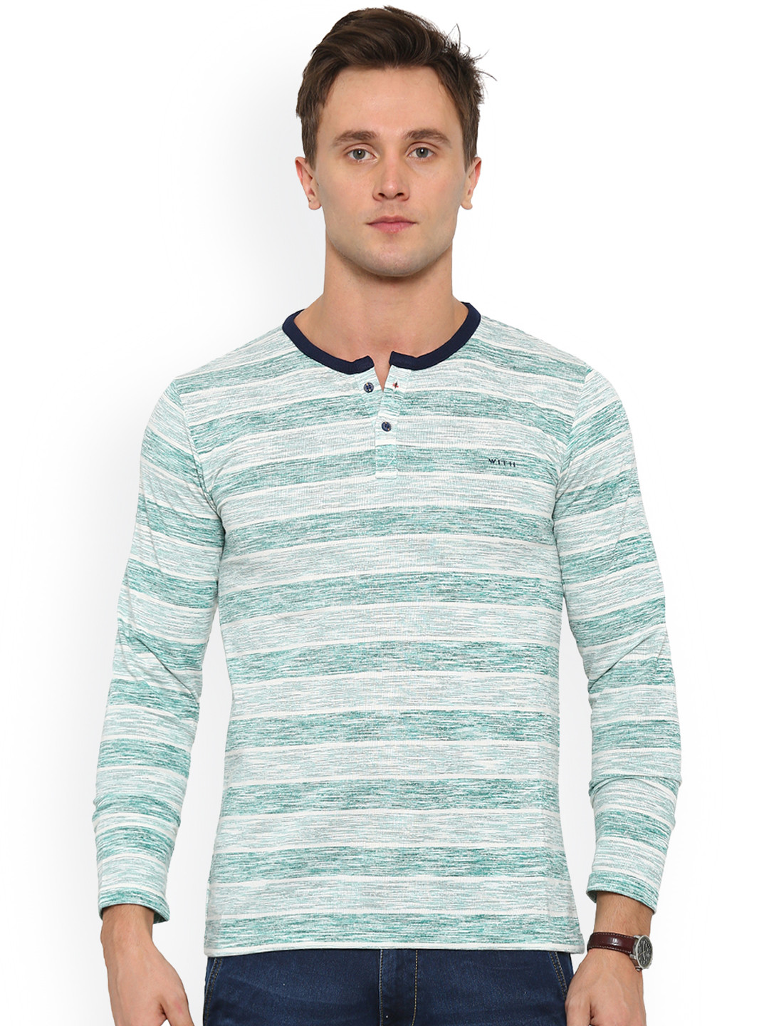 Buy WITH Men Green Striped Henley Neck T Shirt Tshirts for Men