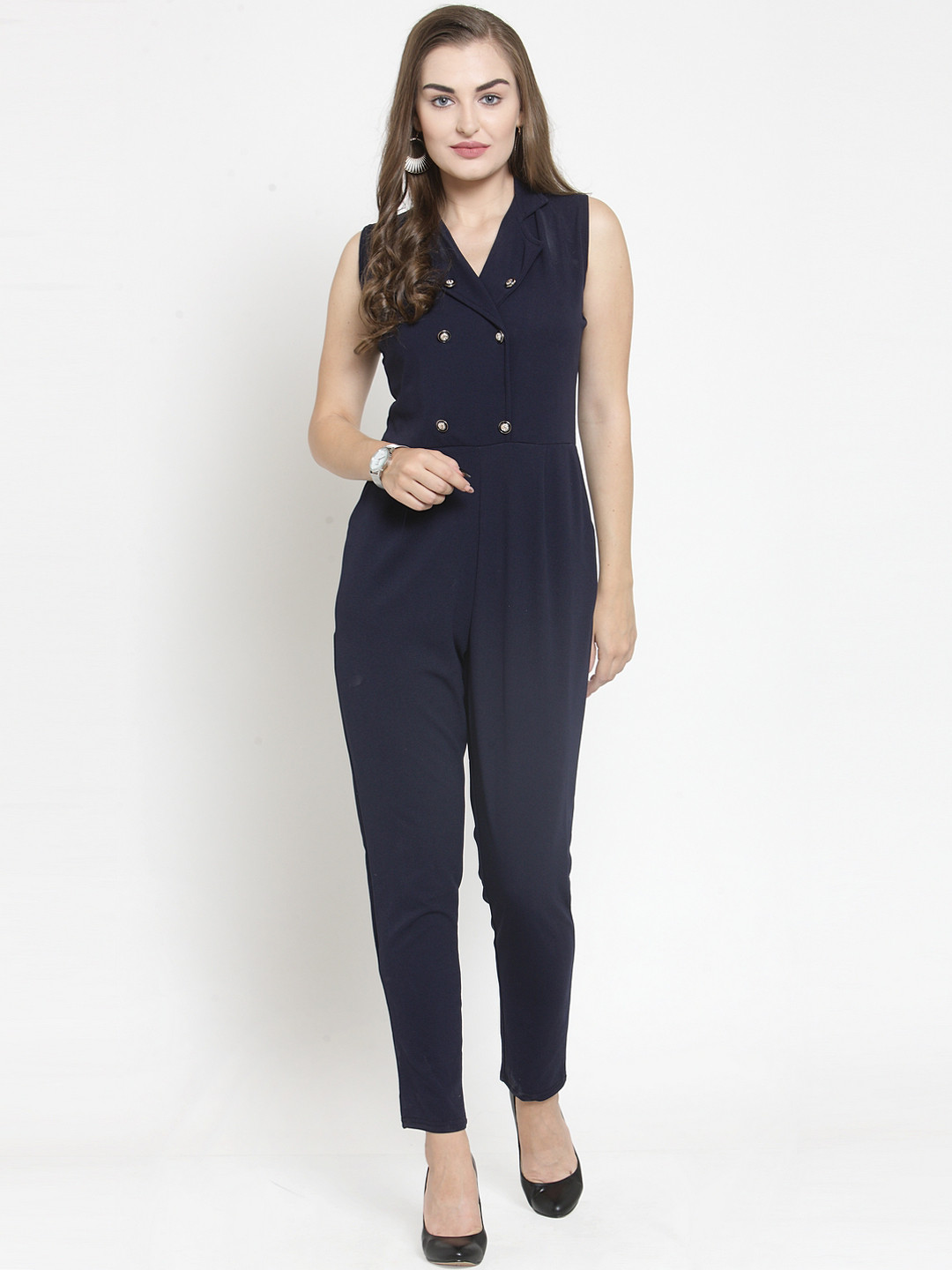 Buy Everlush Navy Blue Solid Basic Jumpsuit Jumpsuit for Women