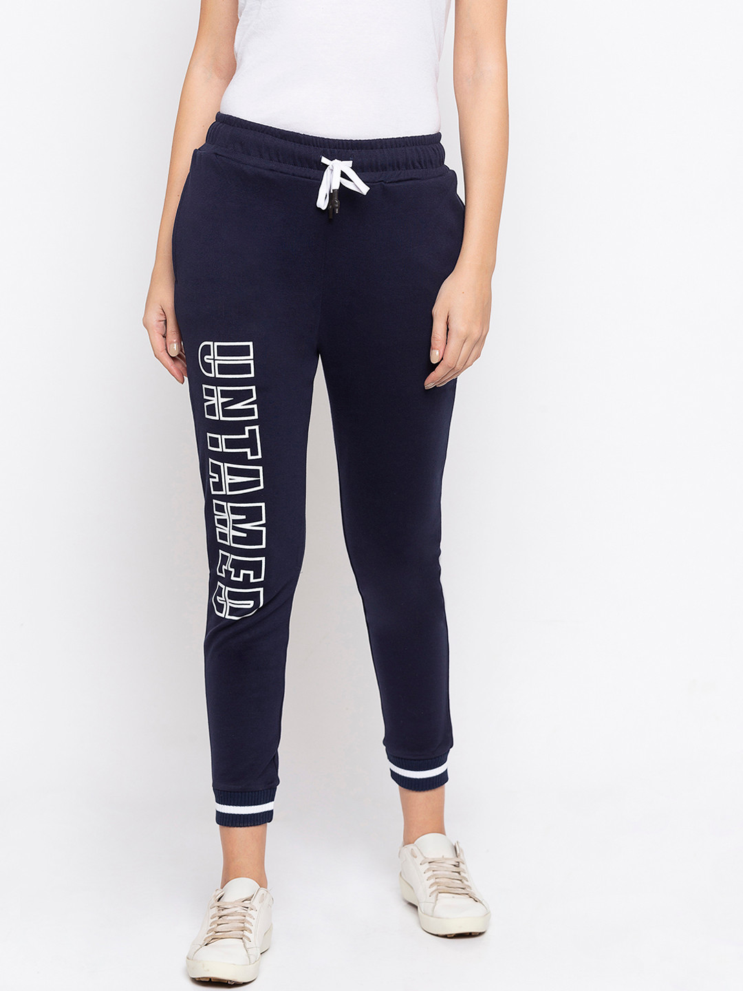 Buy Disrupt Women Navy Blue Printed Straight Fit Joggers Track Pants