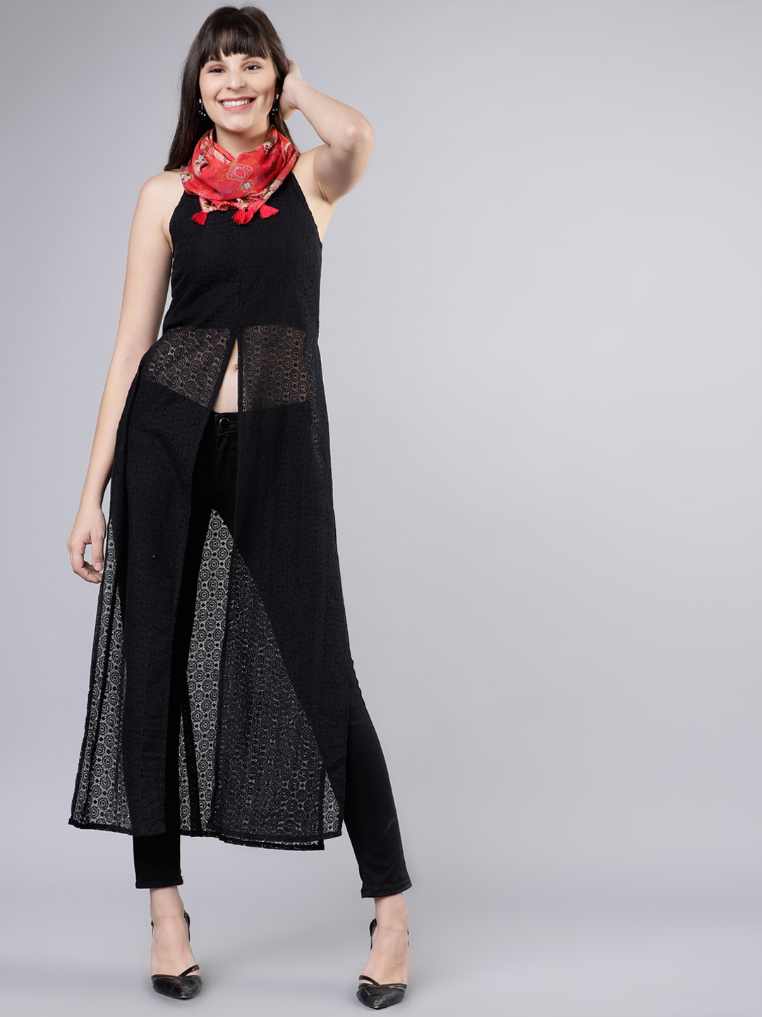 Buy Vishudh Women Black Lace Straight Kurta With Scarf Kurtas for