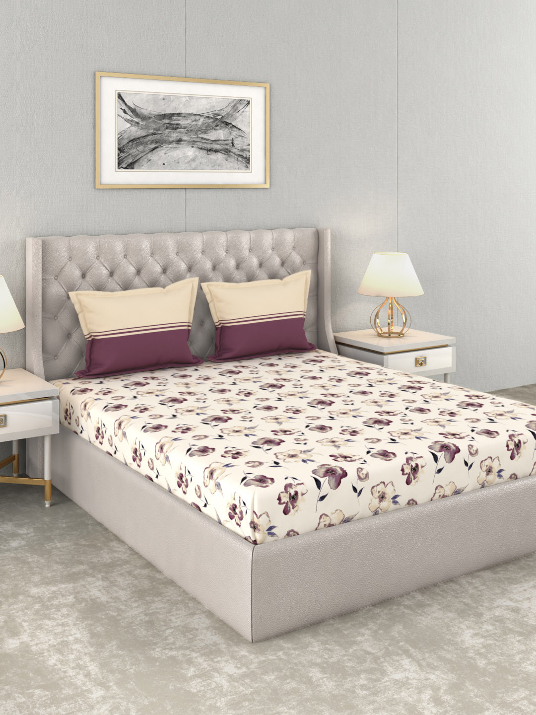 Buy Trident Cream Coloured Floral 120 TC Cotton 1 Queen Bedsheet With 2