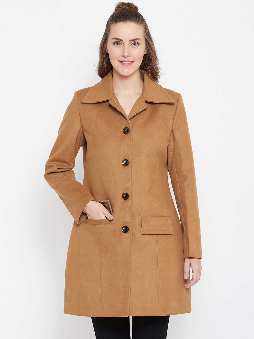 Buy Okane Women Tan Solid Longline Overcoat Coats for Women 10359619