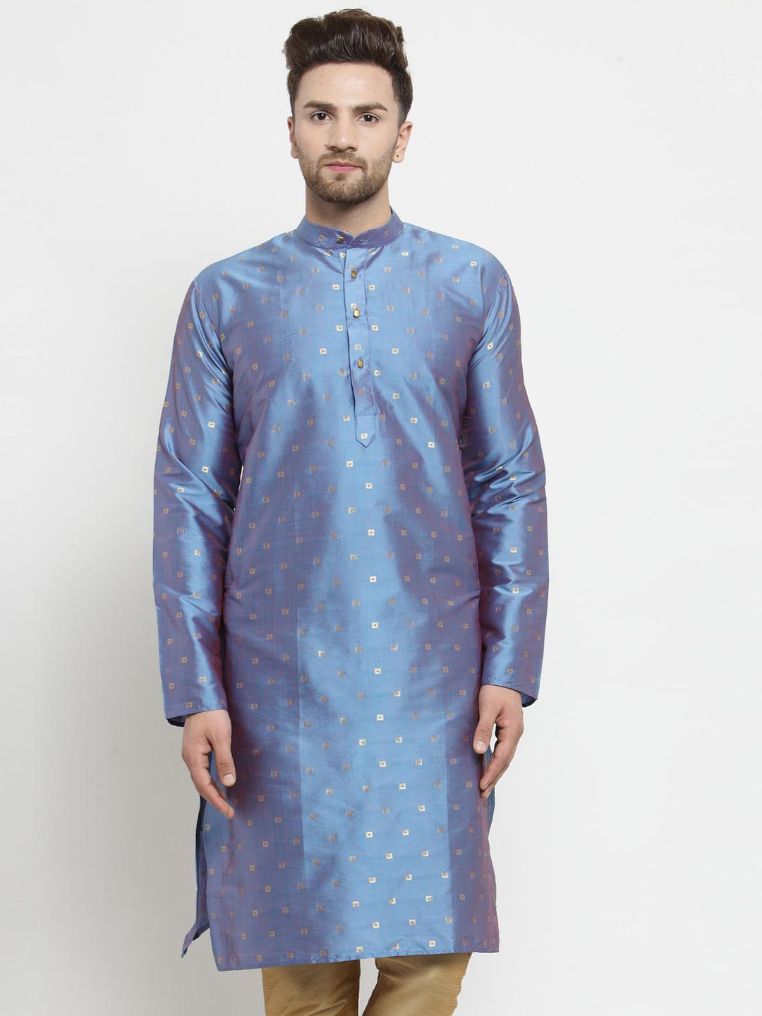 Buy SOJANYA Men Blue Printed Straight Silk Blend Kurta - Kurtas for Men ...