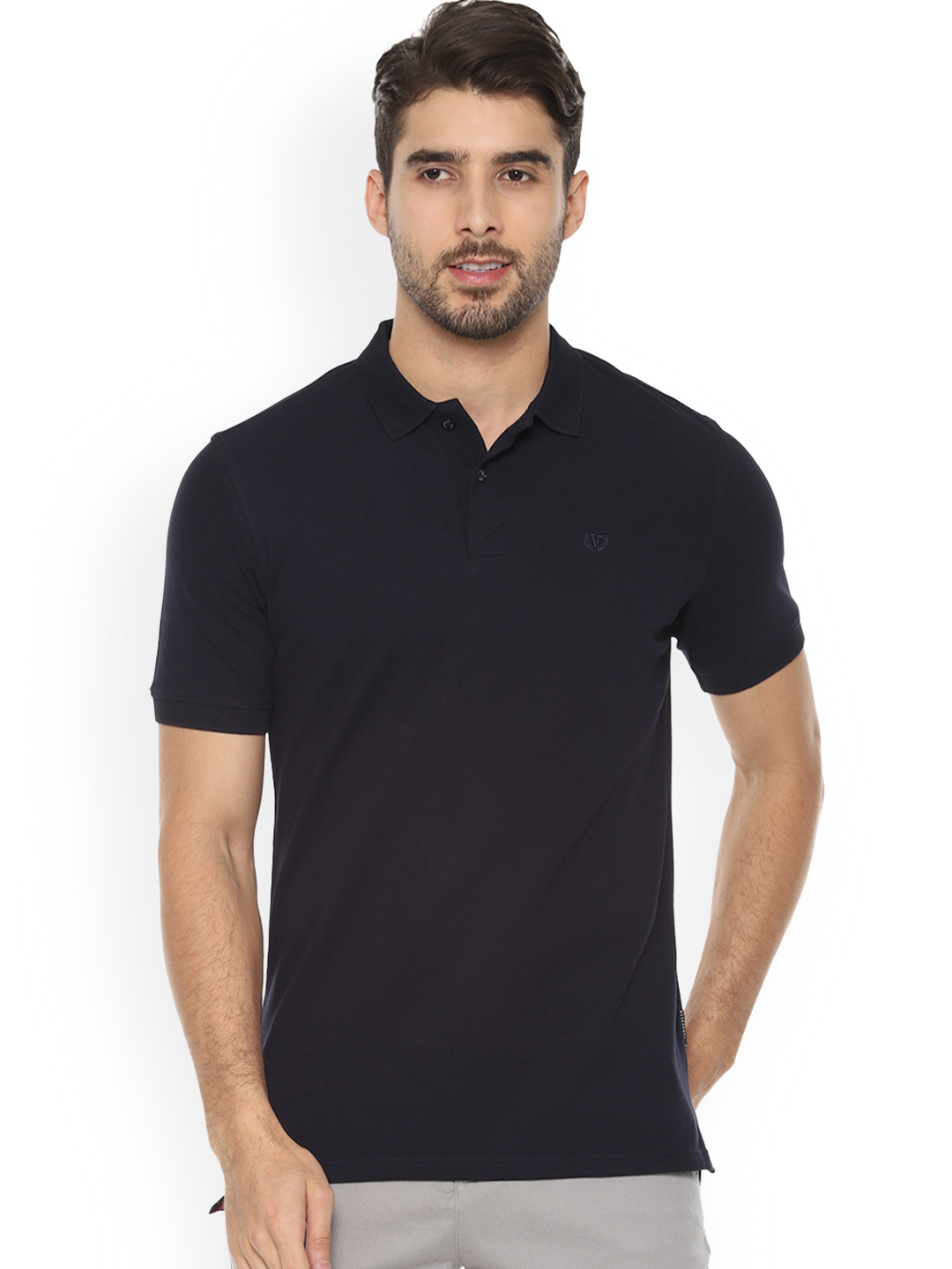Buy Van Heusen Sport Men Navy Blue Solid Polo Collar Pure Cotton T ...