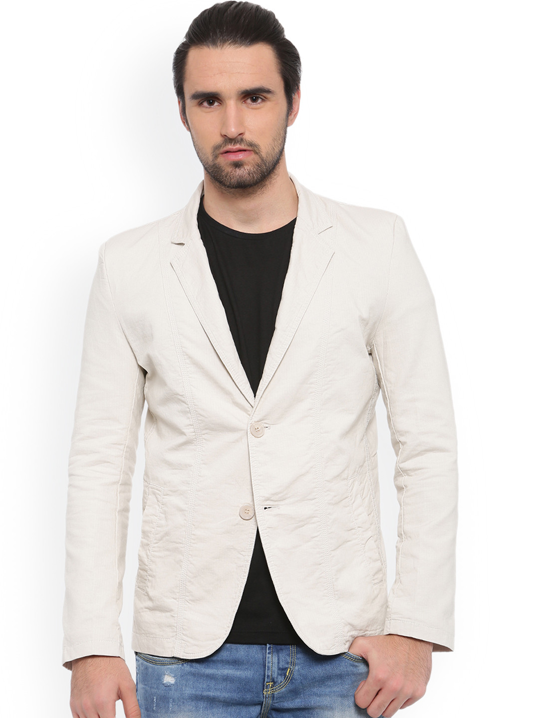 Buy SHOWOFF Men Cream Coloured Solid Slim Fit Single Breasted Blazer