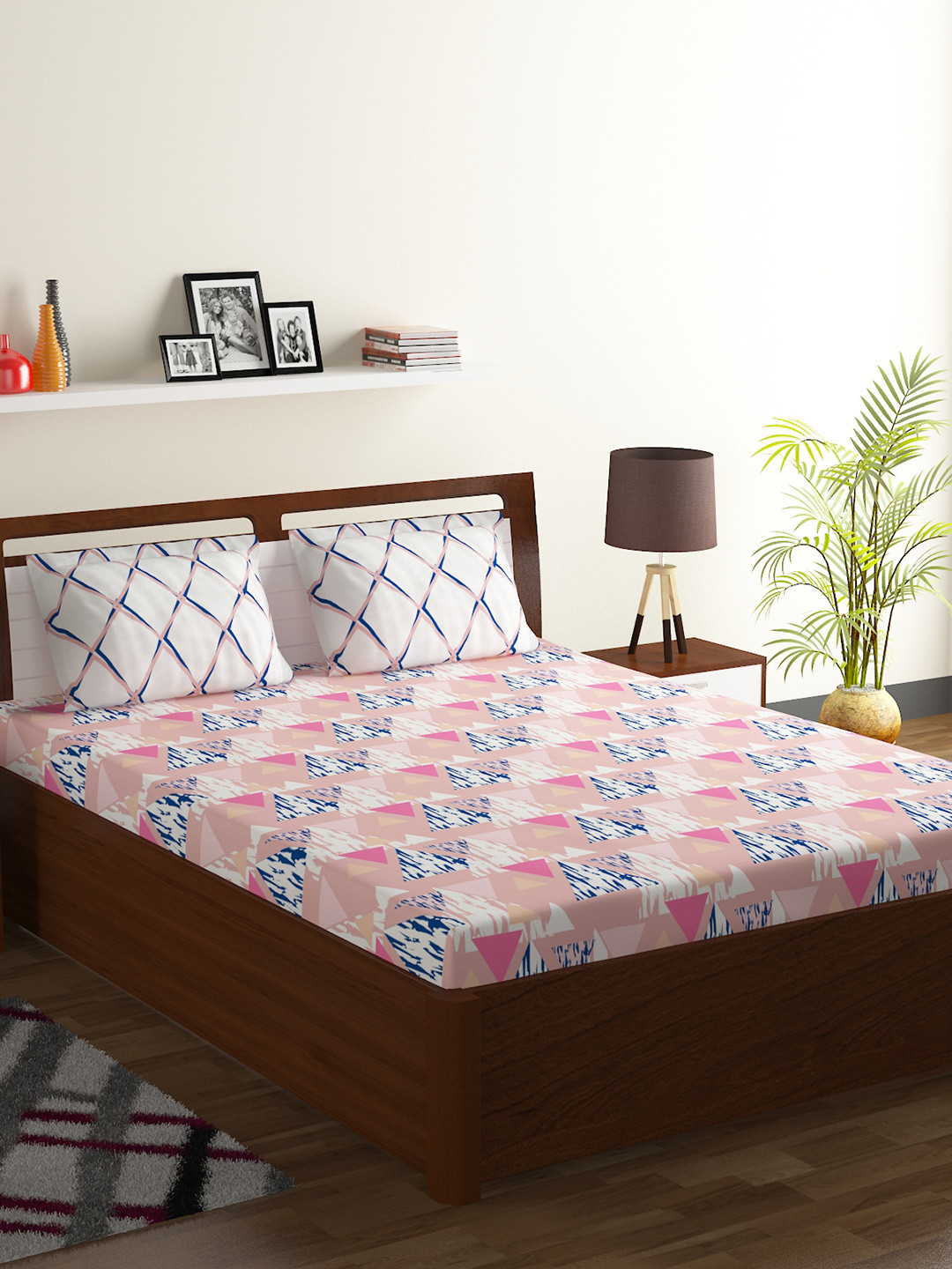 Buy BOMBAY DYEING Pink & Blue Geometric 104 TC Cotton 1 King Bedsheet