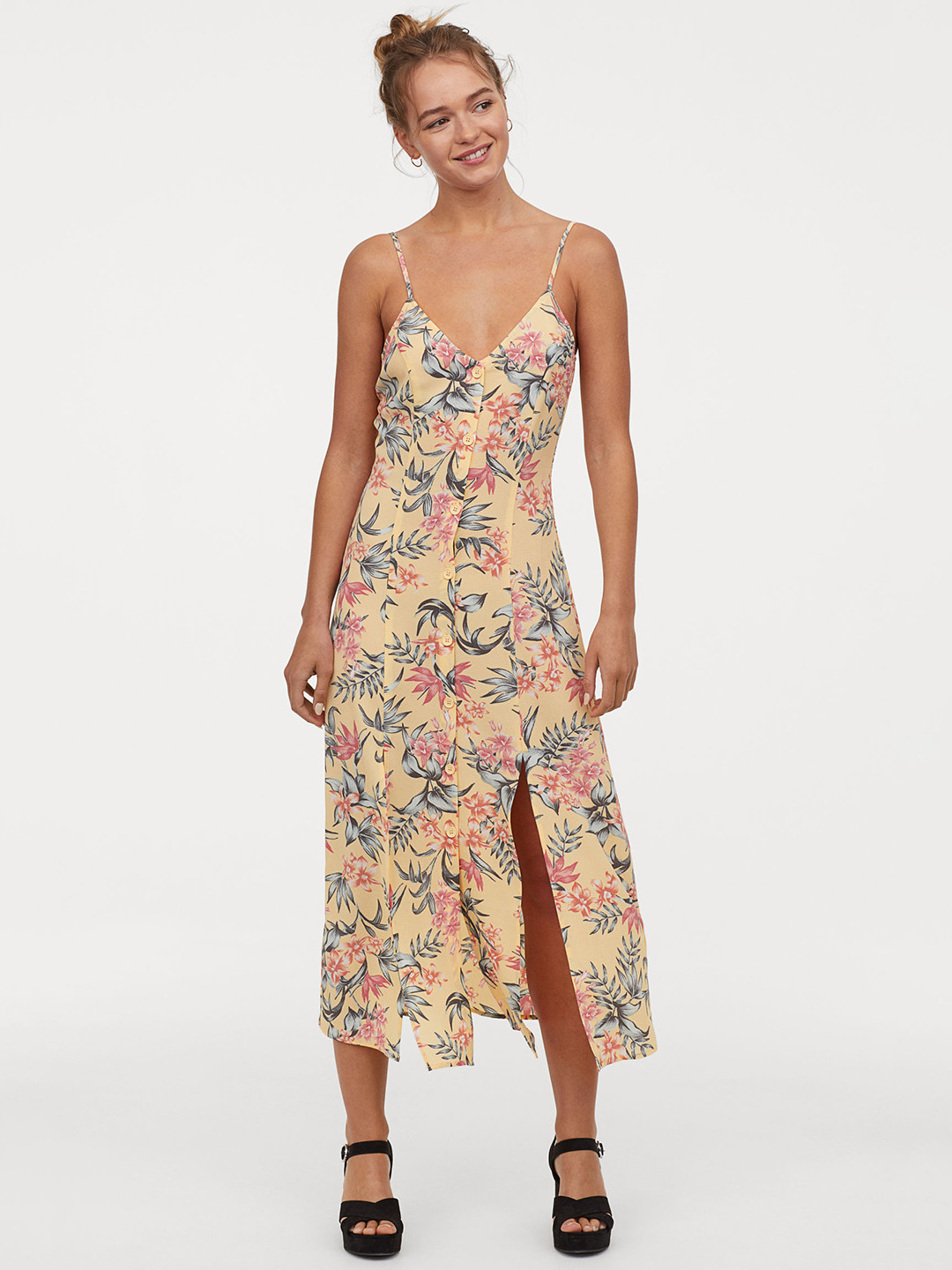 Buy H&M Yellow & Pink Floral Print V Neck Dress Dresses for Women