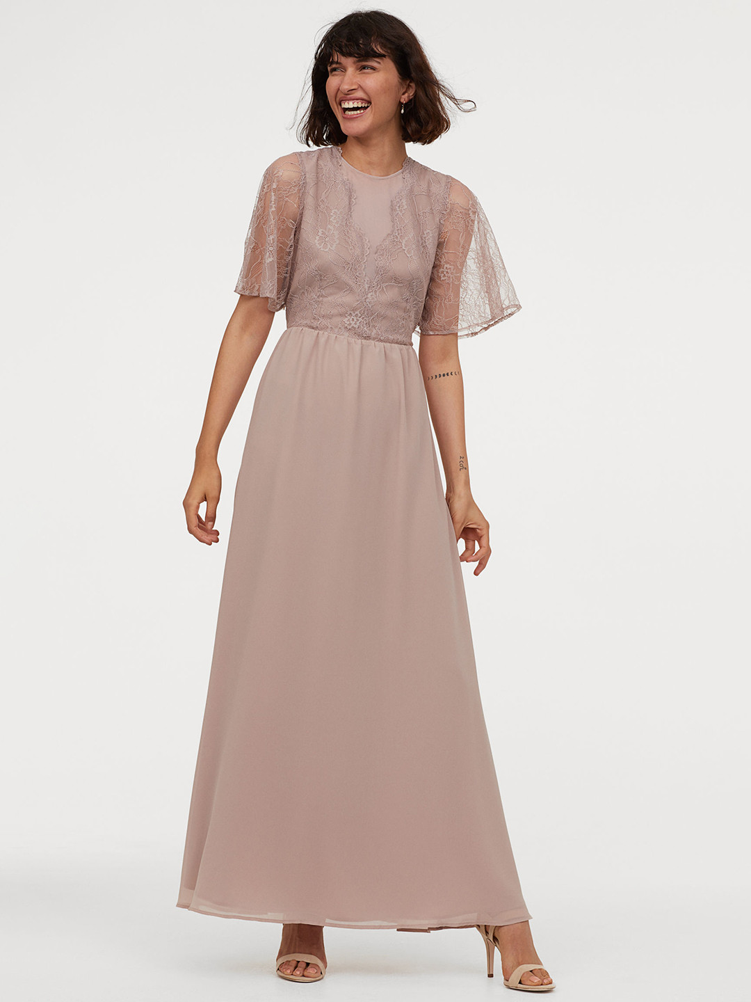 Buy H&M Women Beige Solid Long Dress With Lace Details Dresses for