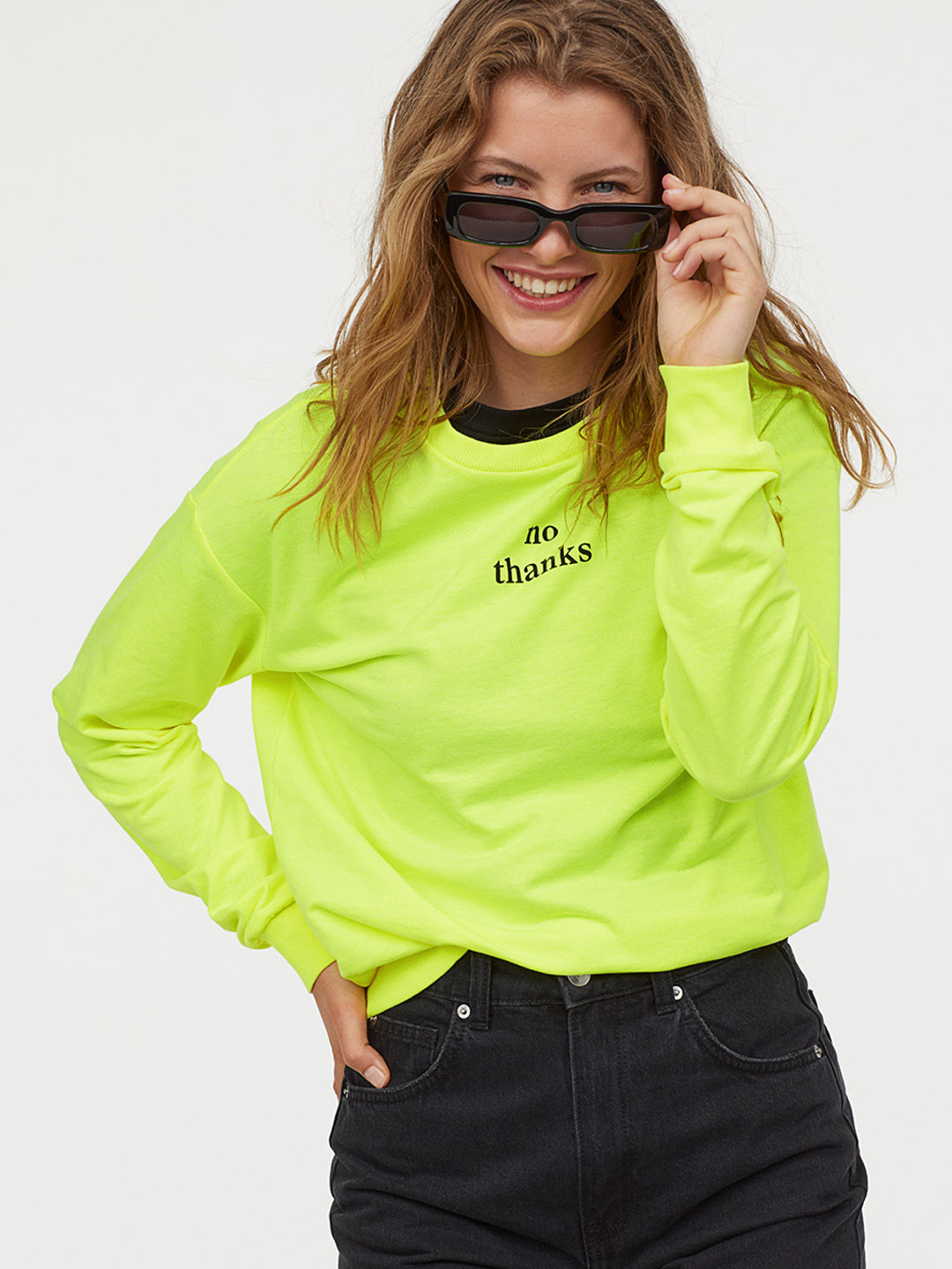 Buy H&M Women Fluorescent Green Solid Sweatshirt Sweatshirts for