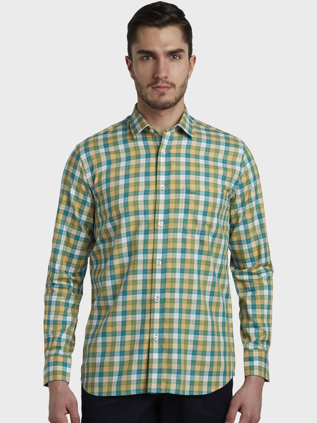Buy ColorPlus Men Green & Yellow Tailored Fit Checked Casual Shirt ...