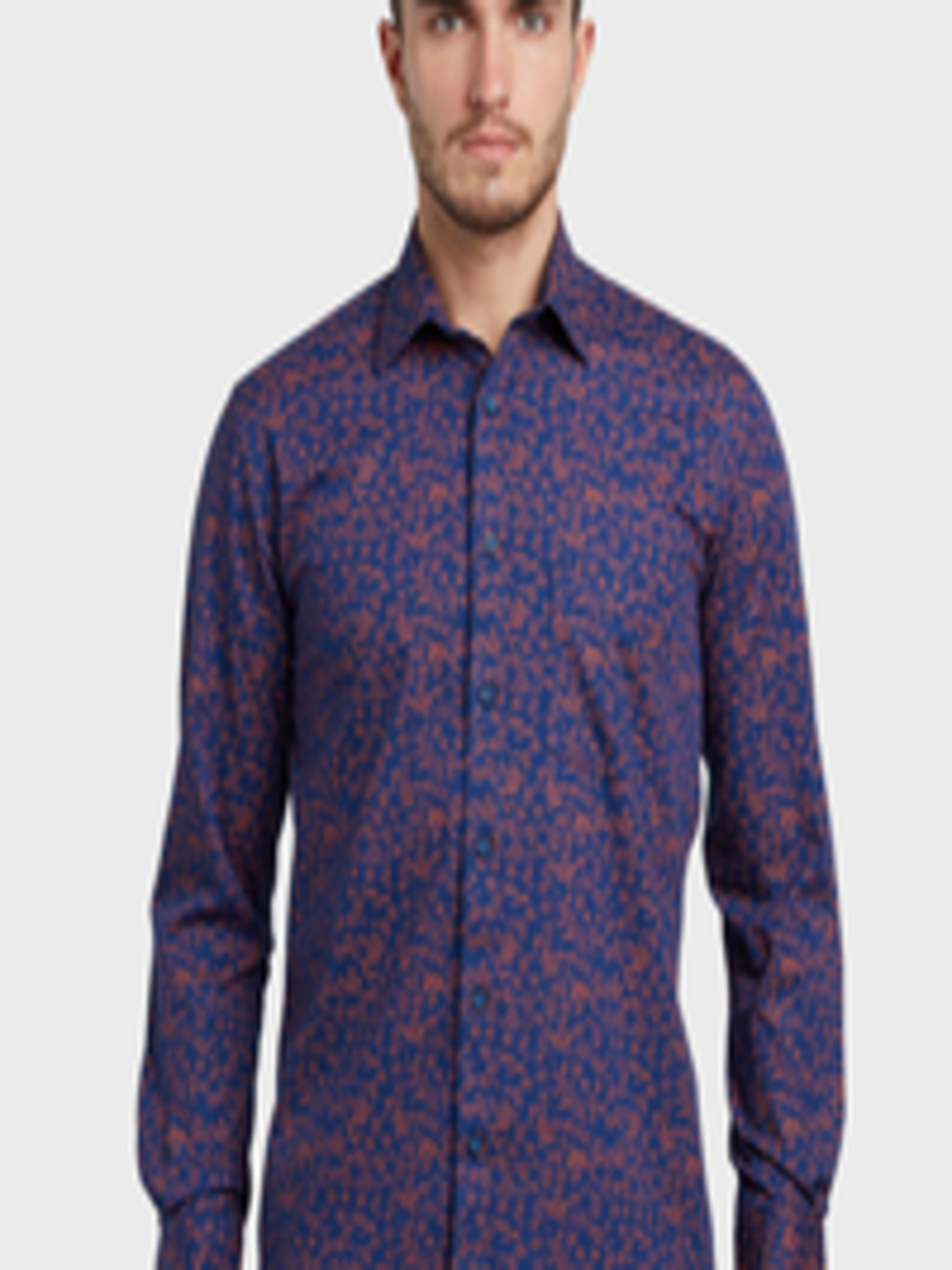 Buy ColorPlus Men Blue & Orange Tailored Fit Printed Casual Shirt ...