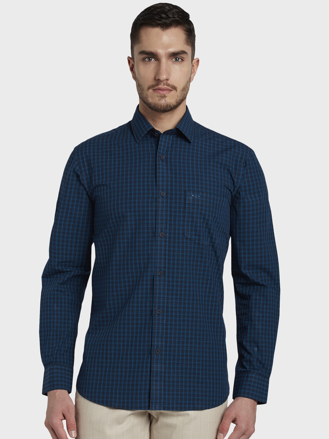 Buy ColorPlus Men Blue & Black Tailored Fit Checked Casual Shirt ...
