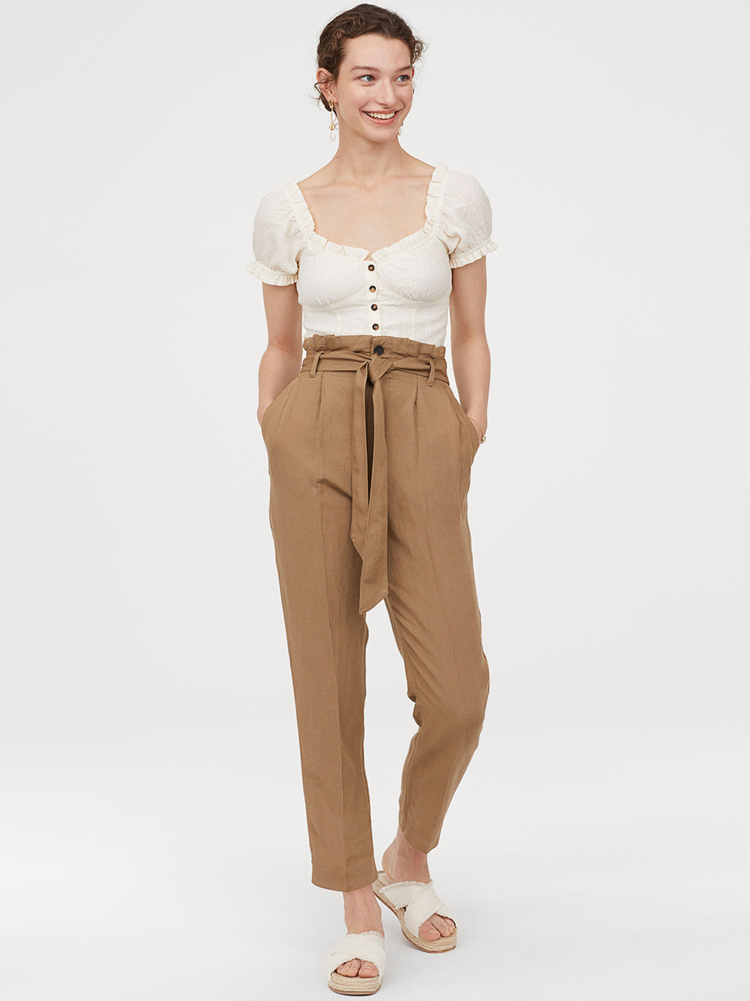 Buy H&M Women Beige Linen Blend Paper Bag Trousers - Trousers for Women 10431584 | Myntra