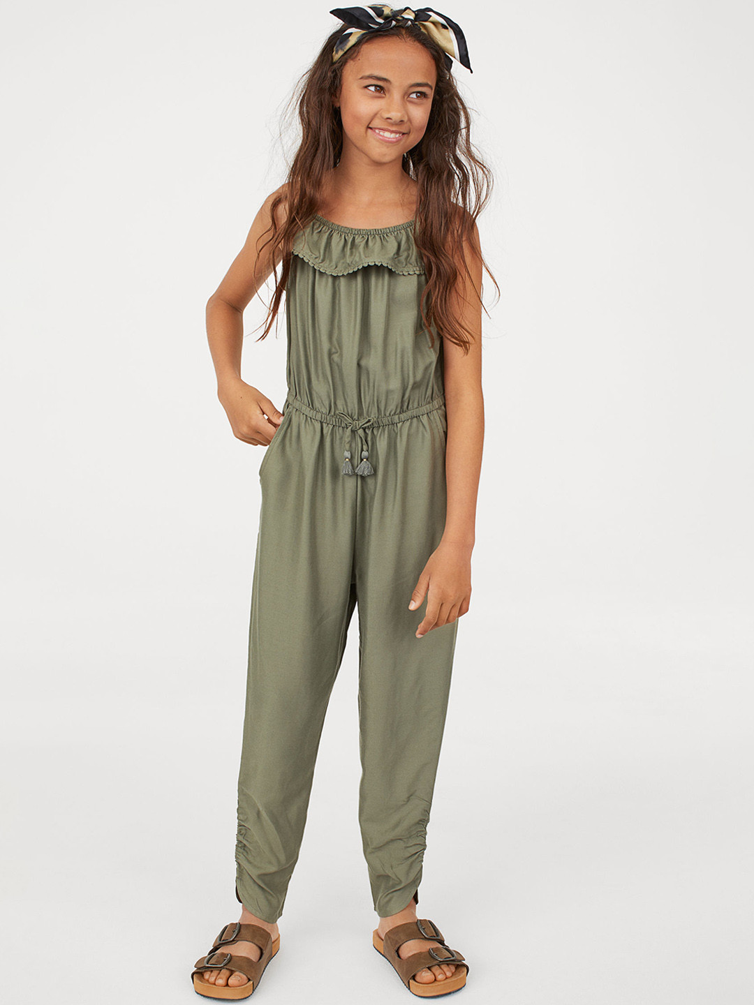 Buy H&M Girls Green Solid Jumpsuit With A Flounce Jumpsuit for Girls