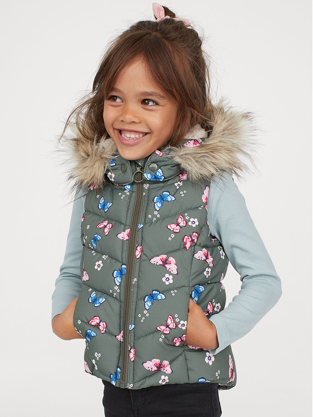 Buy H&M Women Green Printed Padded Gilet With A Hood Jackets for