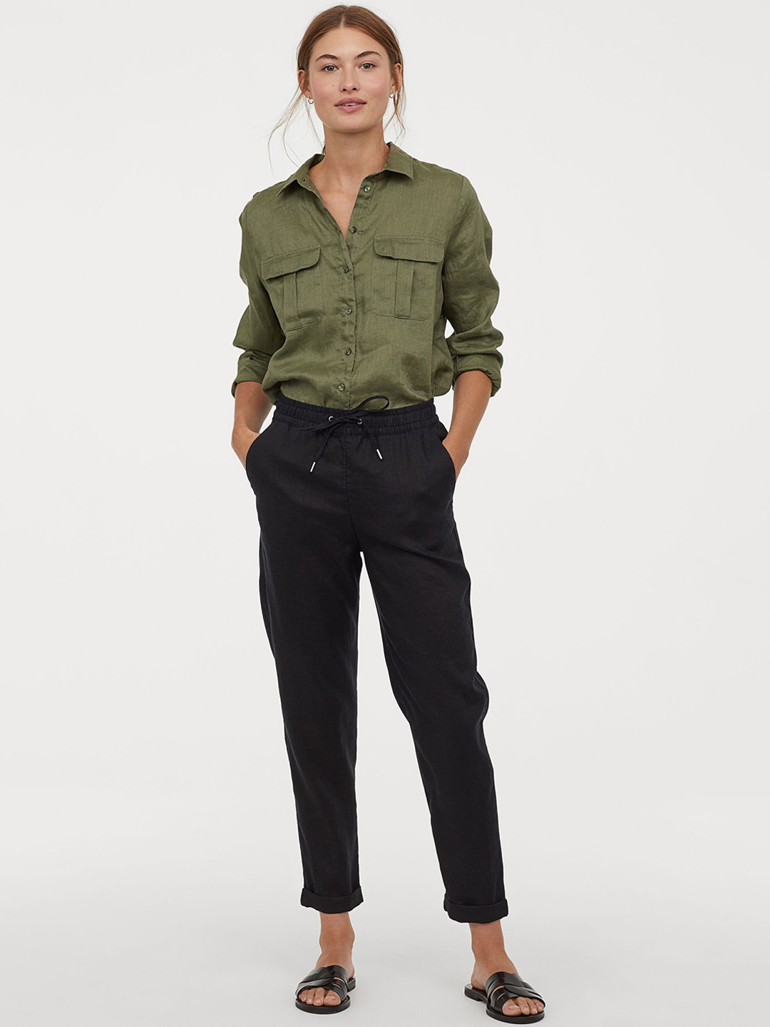 Buy H&M Women Black Solid Linen Regular Trousers Trousers for Women 10441056 Myntra