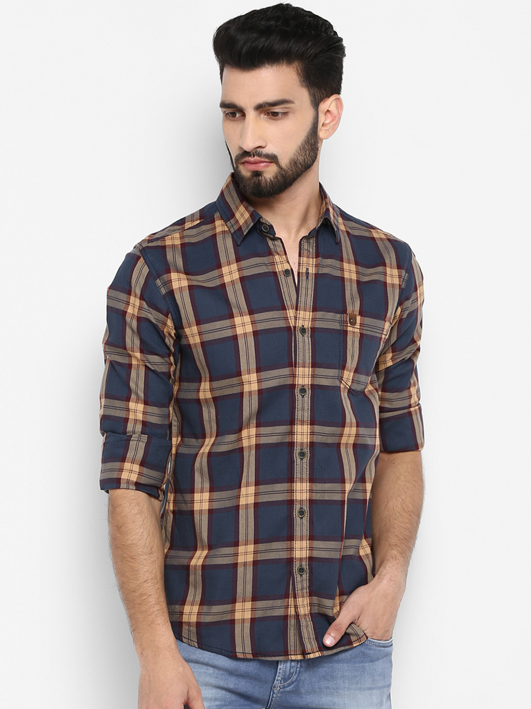 Buy Mufti Men Grey Slim Fit Checked Casual Shirt Shirts for Men