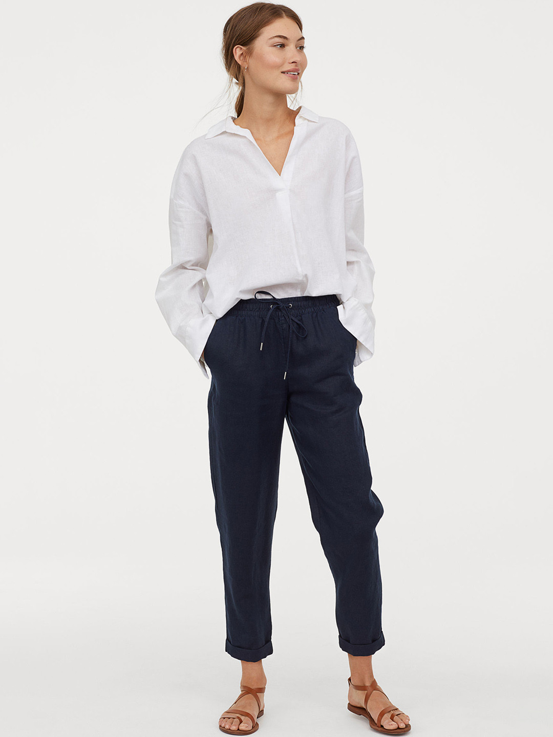 Buy H&M Women Blue Solid Linen Regular Trousers Trousers for Women