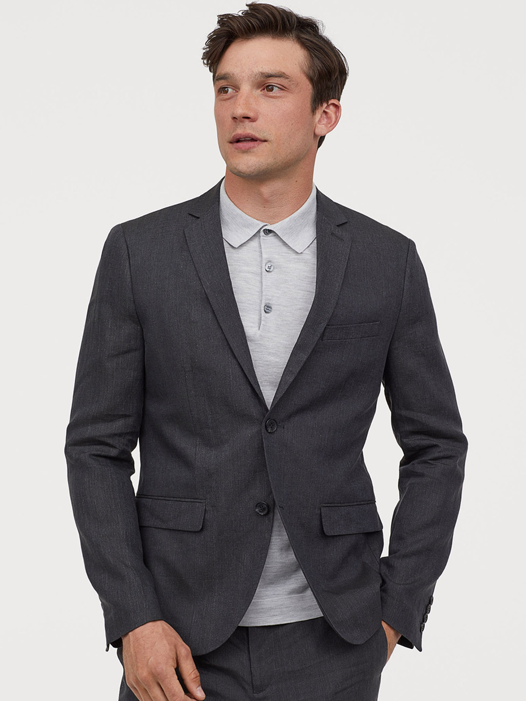 Buy H&M Men Grey Solid Linen Jacket Slim Fit Blazers for Men 10458532