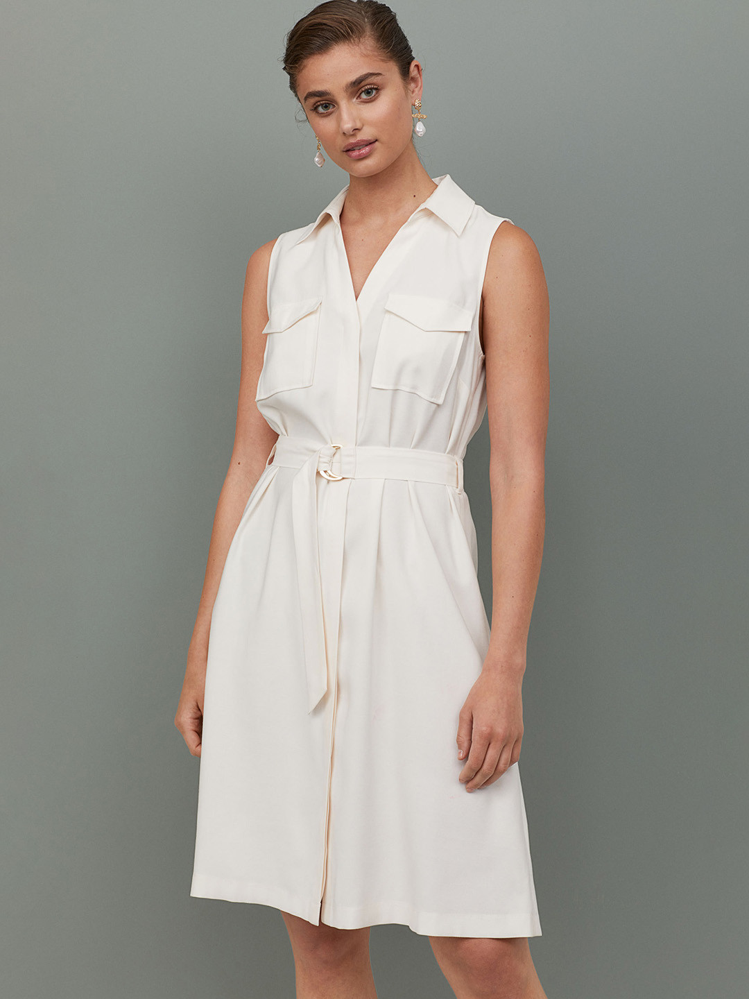 Buy H&M Women White Solid Dress With A Belt Dresses for Women