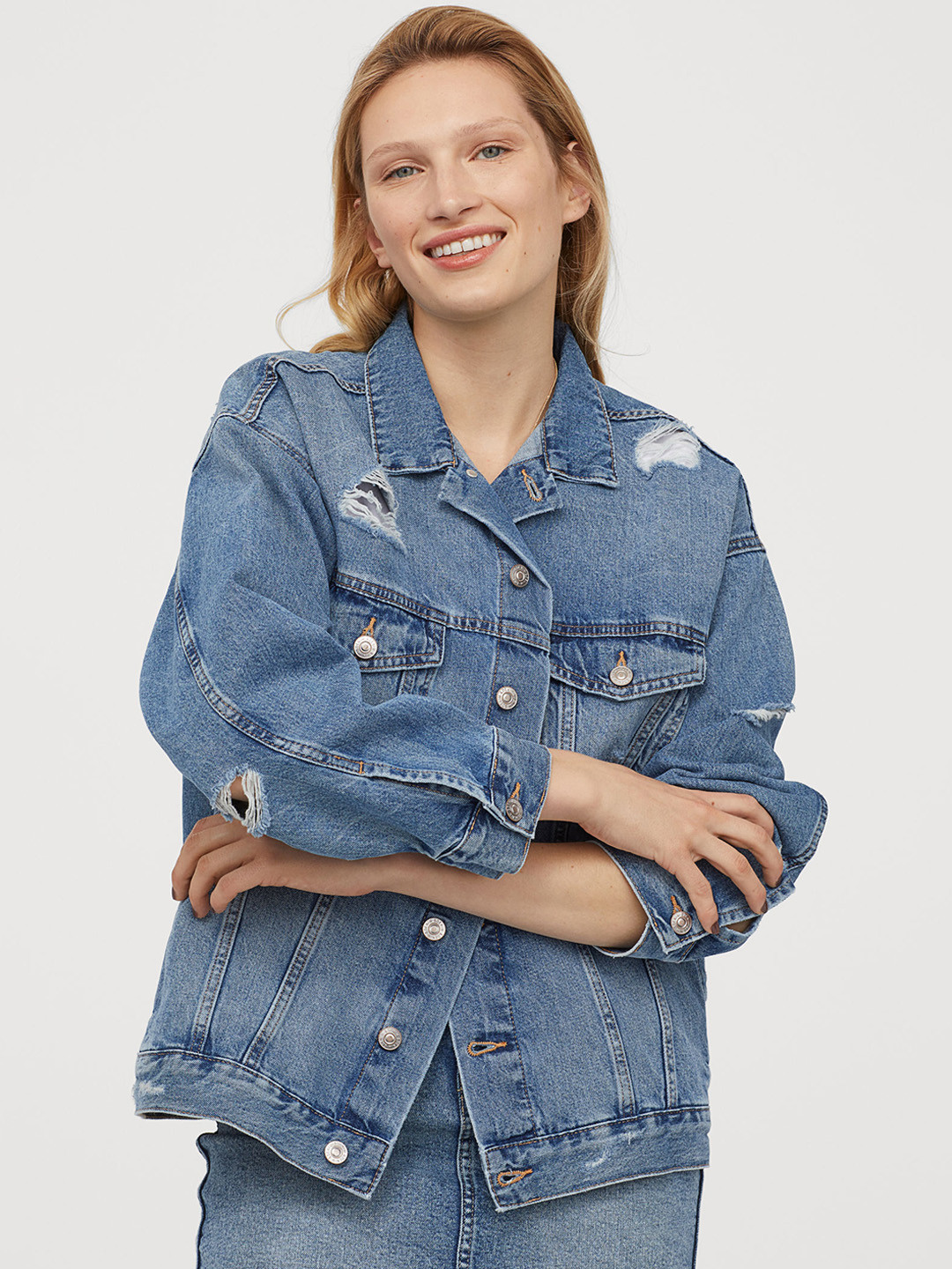 Buy H&M Women Blue Solid Oversized Denim Jacket Jackets for Women
