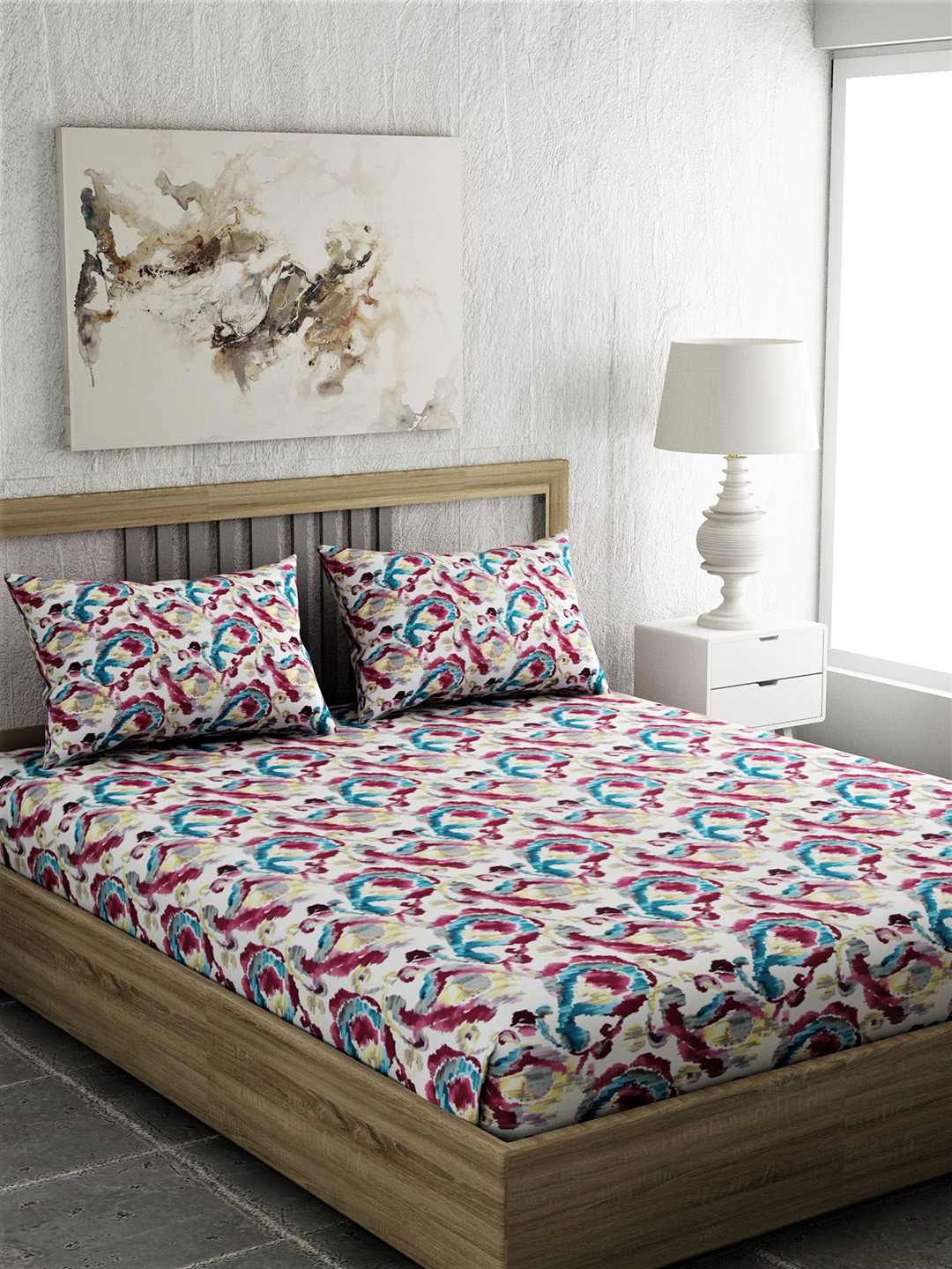 Buy EverHOME Red & Blue Abstract 210 TC Cotton 1 Queen Bedsheet With 2