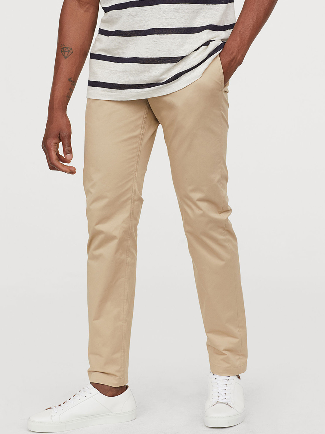 Buy H&M Men Beige Solid Cotton Twill Chinos Trousers for Men 10478456