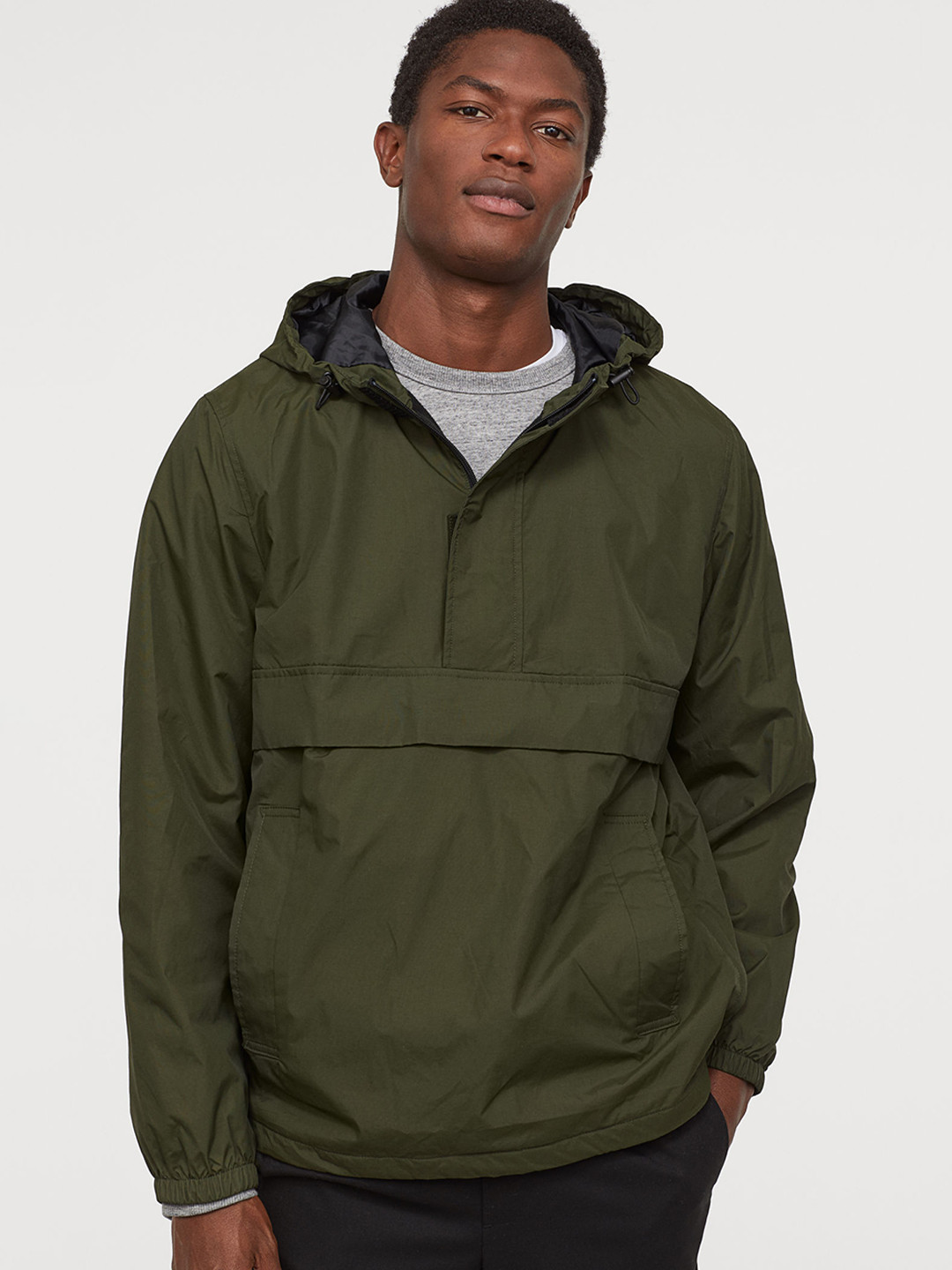 Buy H&M Men Olive Green Solid Fleece Lined Popover Jacket Jackets for