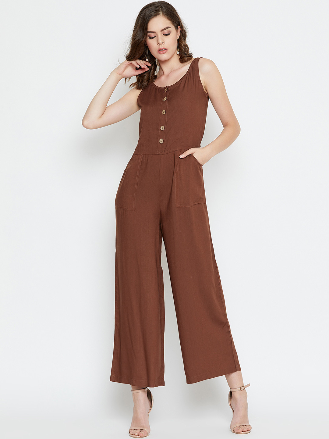 Buy PURYS Women Brown Solid Basic Jumpsuit Jumpsuit for Women